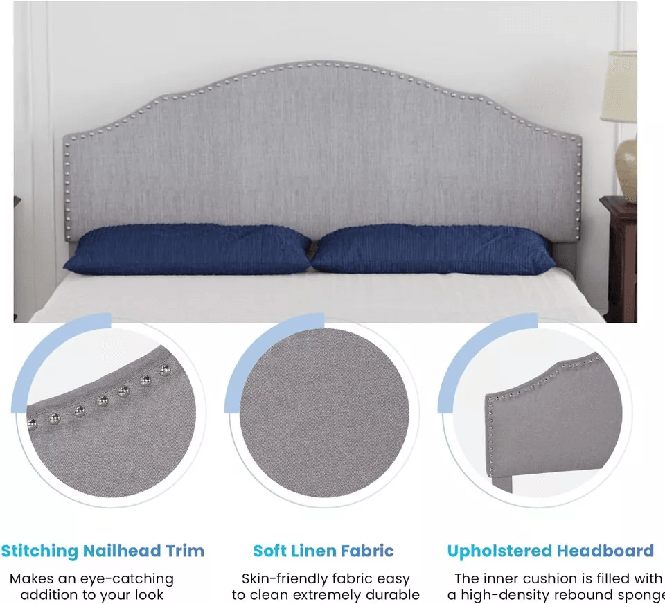Modern Upholstered Platform Bed Frame With Linen Fabric Headboard  Durable Wooden Slats Heavy Duty  5