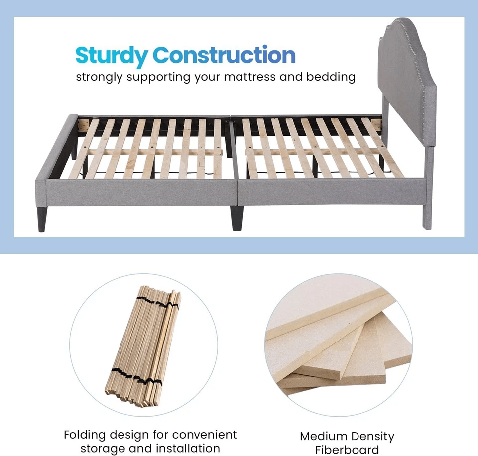 Modern Upholstered Platform Bed Frame With Linen Fabric Headboard  Durable Wooden Slats Heavy Duty  9