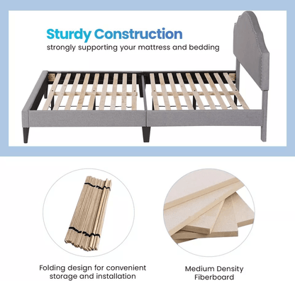 Modern Upholstered Platform Bed Frame With Linen Fabric Headboard  Durable Wooden Slats Heavy Duty  18