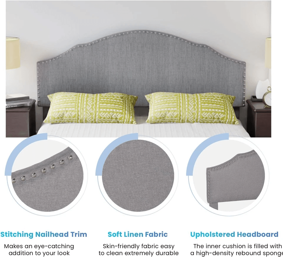 Modern Upholstered Platform Bed Frame With Linen Fabric Headboard  Durable Wooden Slats Heavy Duty  14