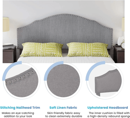 Modern Upholstered Platform Bed Frame With Linen Fabric Headboard  Durable Wooden Slats Heavy Duty  14