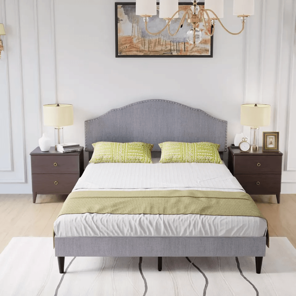 Modern Upholstered Platform Bed Frame With Linen Fabric Headboard  Durable Wooden Slats Heavy Duty  12