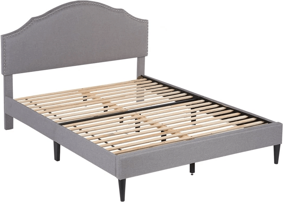 Modern Upholstered Platform Bed Frame with Linen Fabric Headboard & Durable Wooden Slats, Heavy Duty No Box Spring