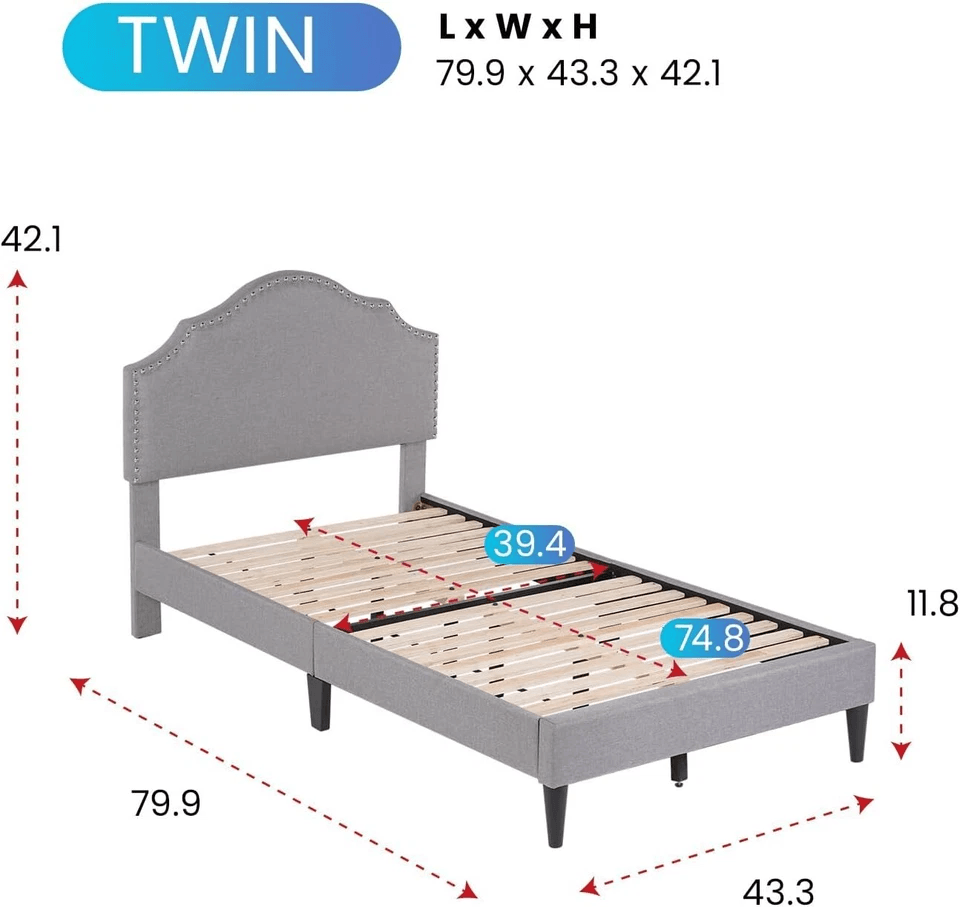 Modern Upholstered Platform Bed Frame With Linen Fabric Headboard  Durable Wooden Slats Heavy Duty  17
