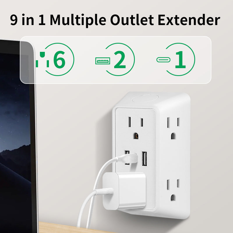 9 In 1 Power Strip With USB  Type C 6 AC Outlets 3 USB Ports Compact Wall Charger For Home Office T 1
