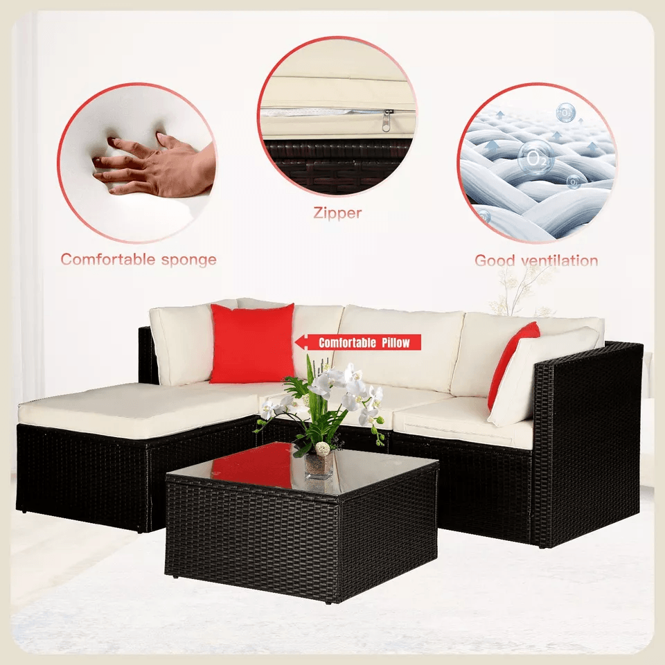 5 Piece Outdoor Wicker Patio Furniture Set Rattan Sectional Sofa  Chairs With Cushions 2