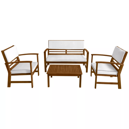 Outdoor Patio Sofa Set, Durable Acacia Wood Patio Furniture, Outdoor Chat Set with Cushions and Table