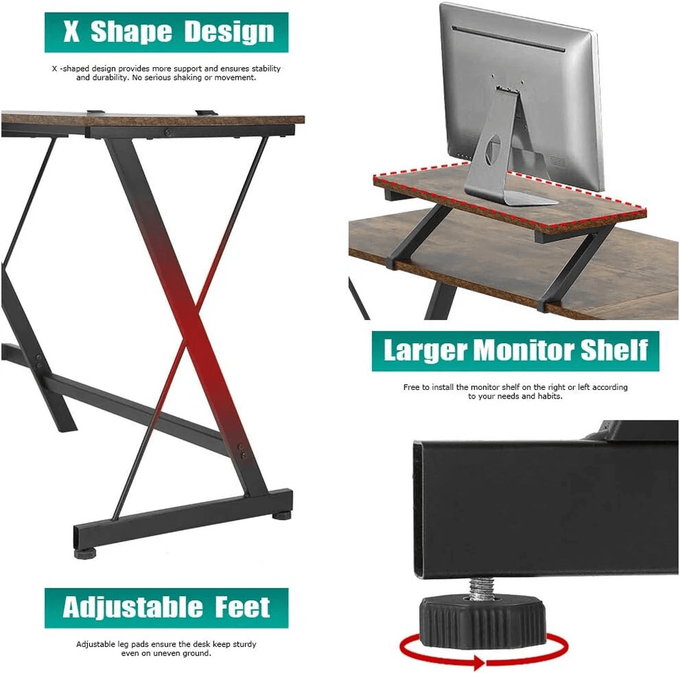 L Shaped Computer Desk With Large Monitor Stand Home Office  Gaming Workstation 3