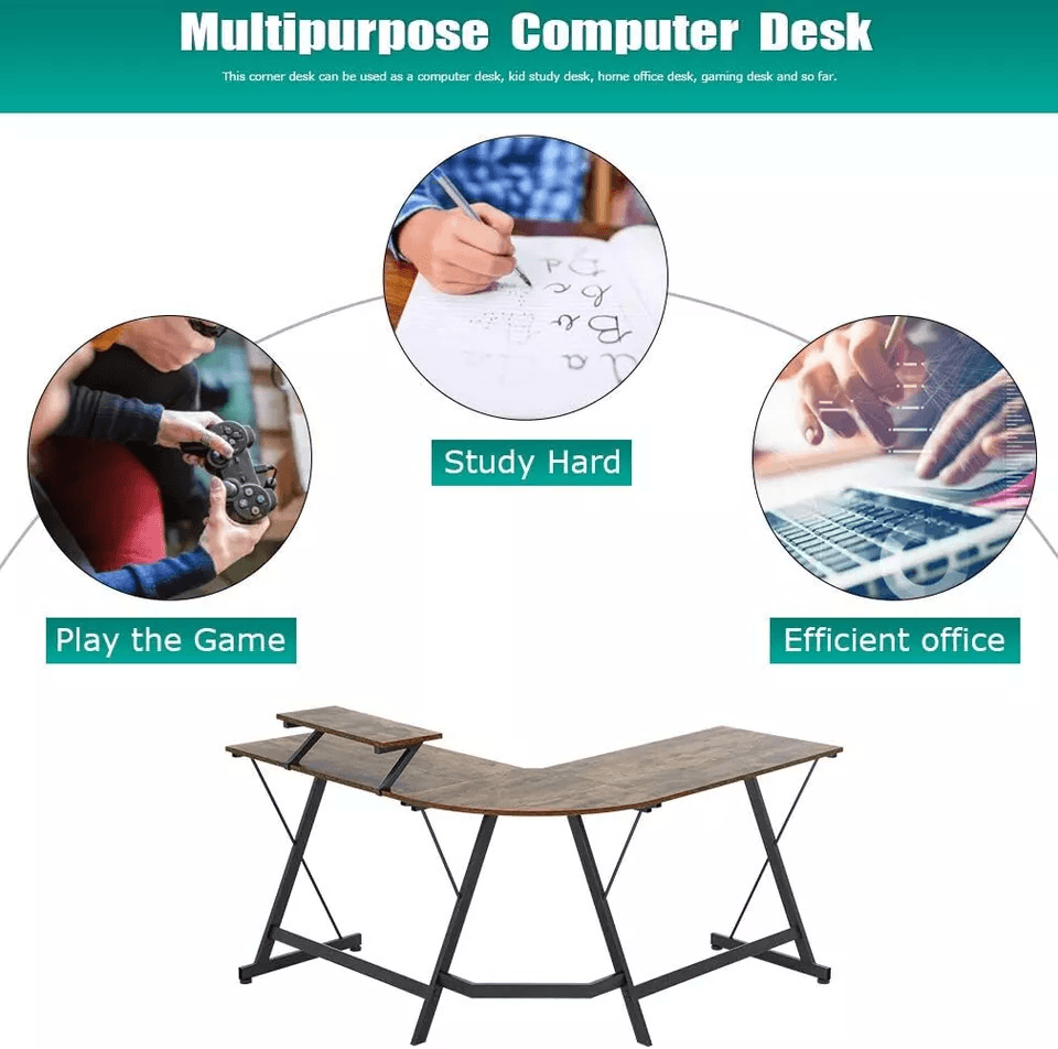 L Shaped Computer Desk With Large Monitor Stand Home Office  Gaming Workstation 2