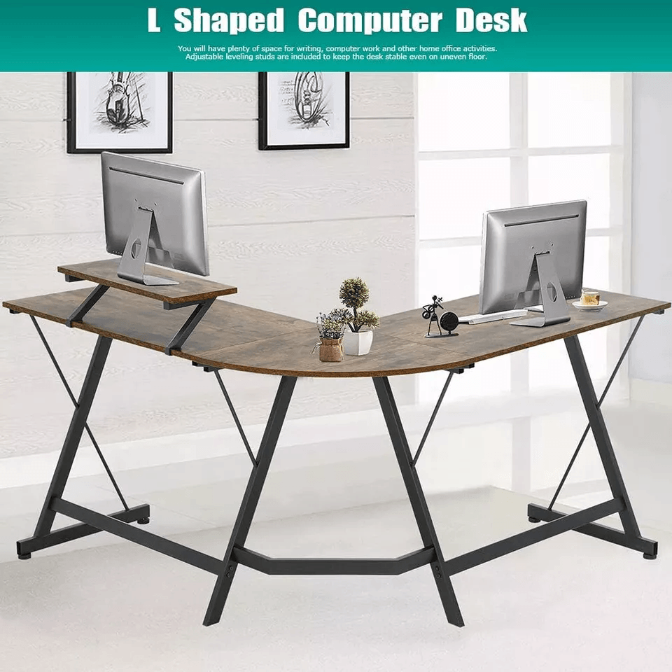 L Shaped Computer Desk With Large Monitor Stand Home Office  Gaming Workstation 1