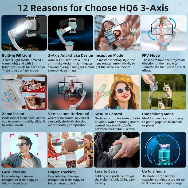 HQ6 3Axis Foldable Phone Gimbal Handheld Stabilizer With Fill Light Object Tracking  Zoom For IPhon