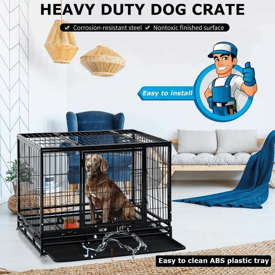 Heavy Duty Large Dog Crate Kennel 48" Steel Pet Cage with Lockable Wheels Removable Tray Ideal for Training Outdoor Use