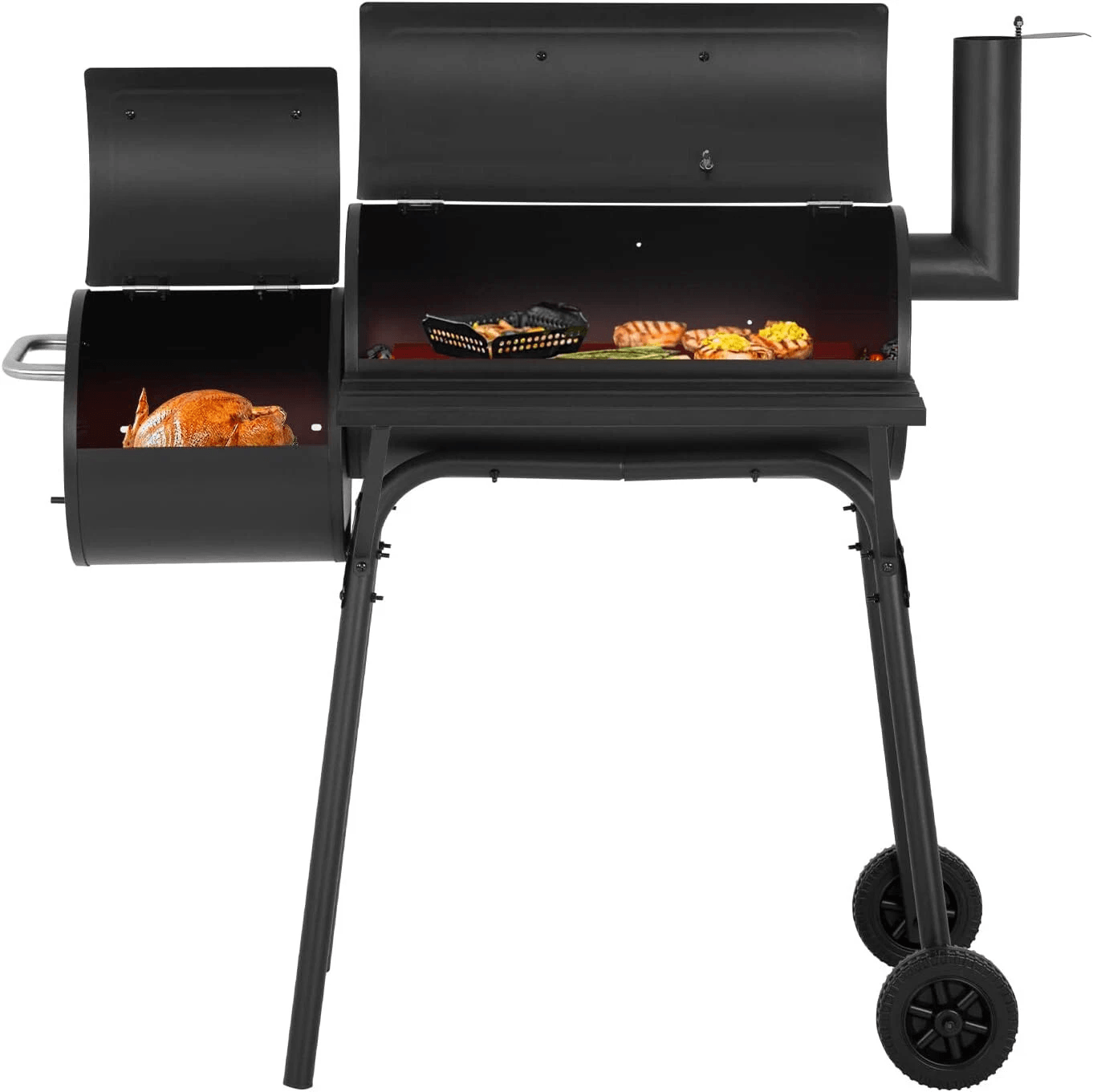 Charcoal Outdoor BBQ Grill with Offset Smoke, Portable Camping Grill with Dual Ovens, Temperature Monitor & Pulley Base