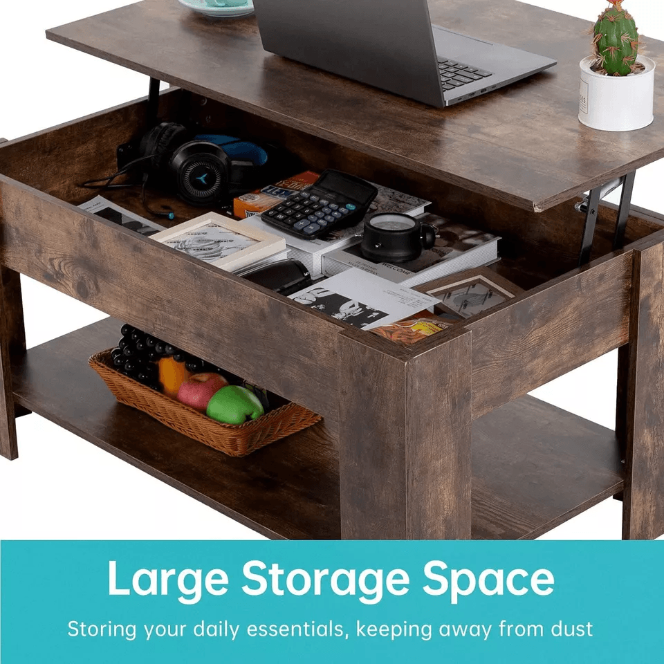 Wooden Lift Top Coffee Table With Storage Shelf  Hidden Compartment Functional Modern Coffee Table  2