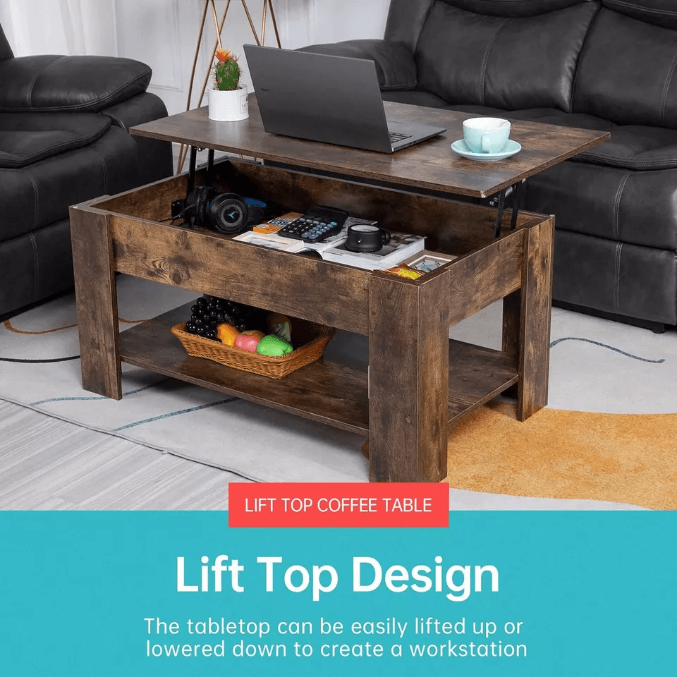 Wooden Lift Top Coffee Table With Storage Shelf  Hidden Compartment Functional Modern Coffee Table  1