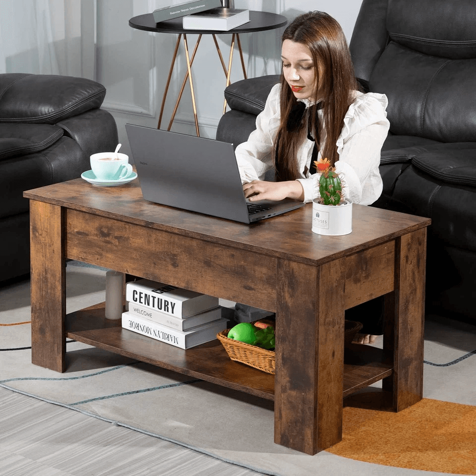 Wooden Lift Top Coffee Table With Storage Shelf  Hidden Compartment Functional Modern Coffee Table  3