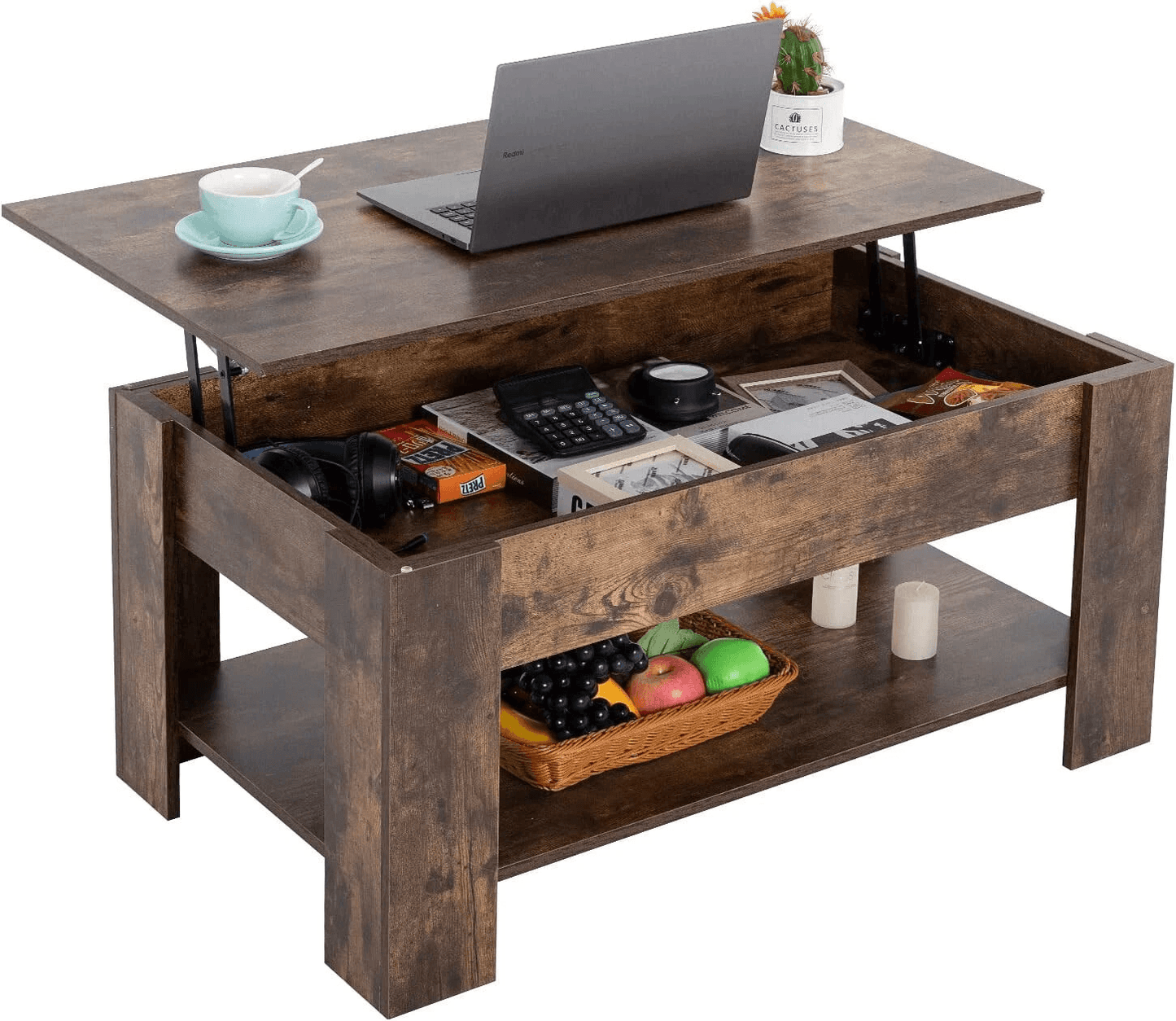 Wooden Lift Top Coffee Table with Storage Shelf & Hidden Compartment, Functional Modern Coffee Table for Small Spaces