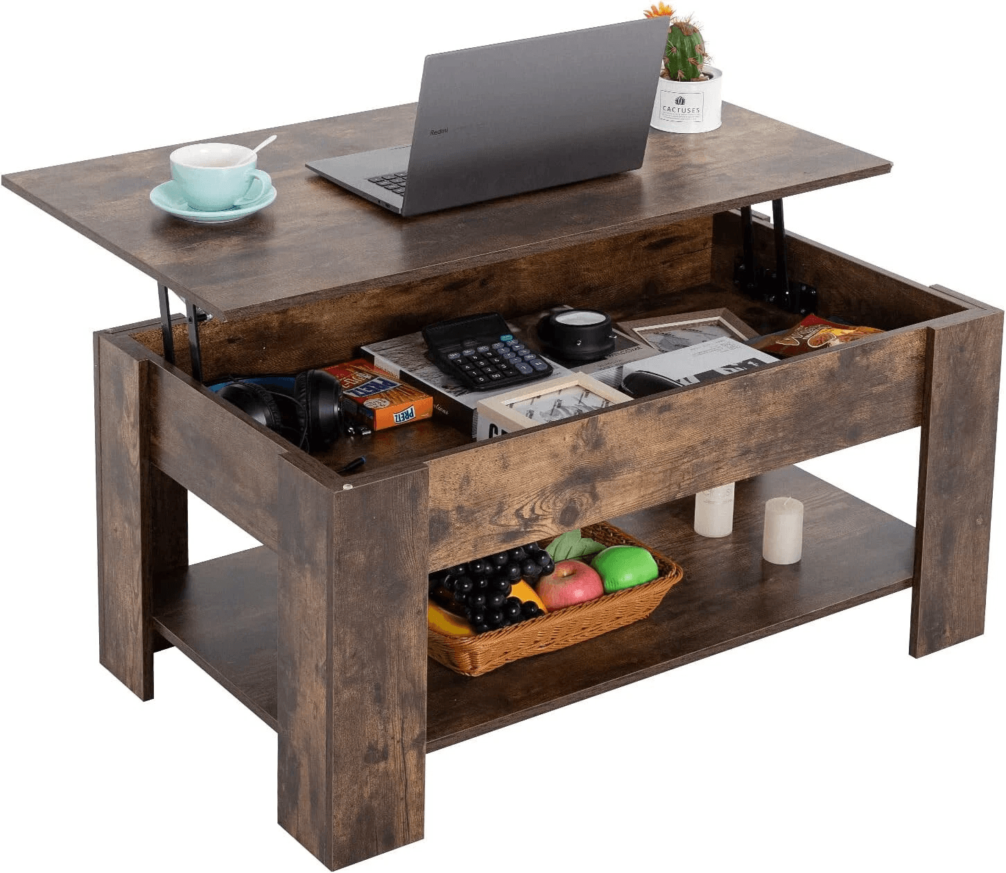 Wooden Lift Top Coffee Table with Storage Shelf & Hidden Compartment, Functional Modern Coffee Table for Small Spaces