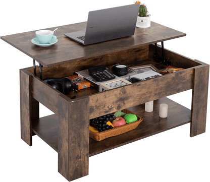 Wooden Lift Top Coffee Table with Storage Shelf & Hidden Compartment, Functional Modern Coffee Table for Small Spaces