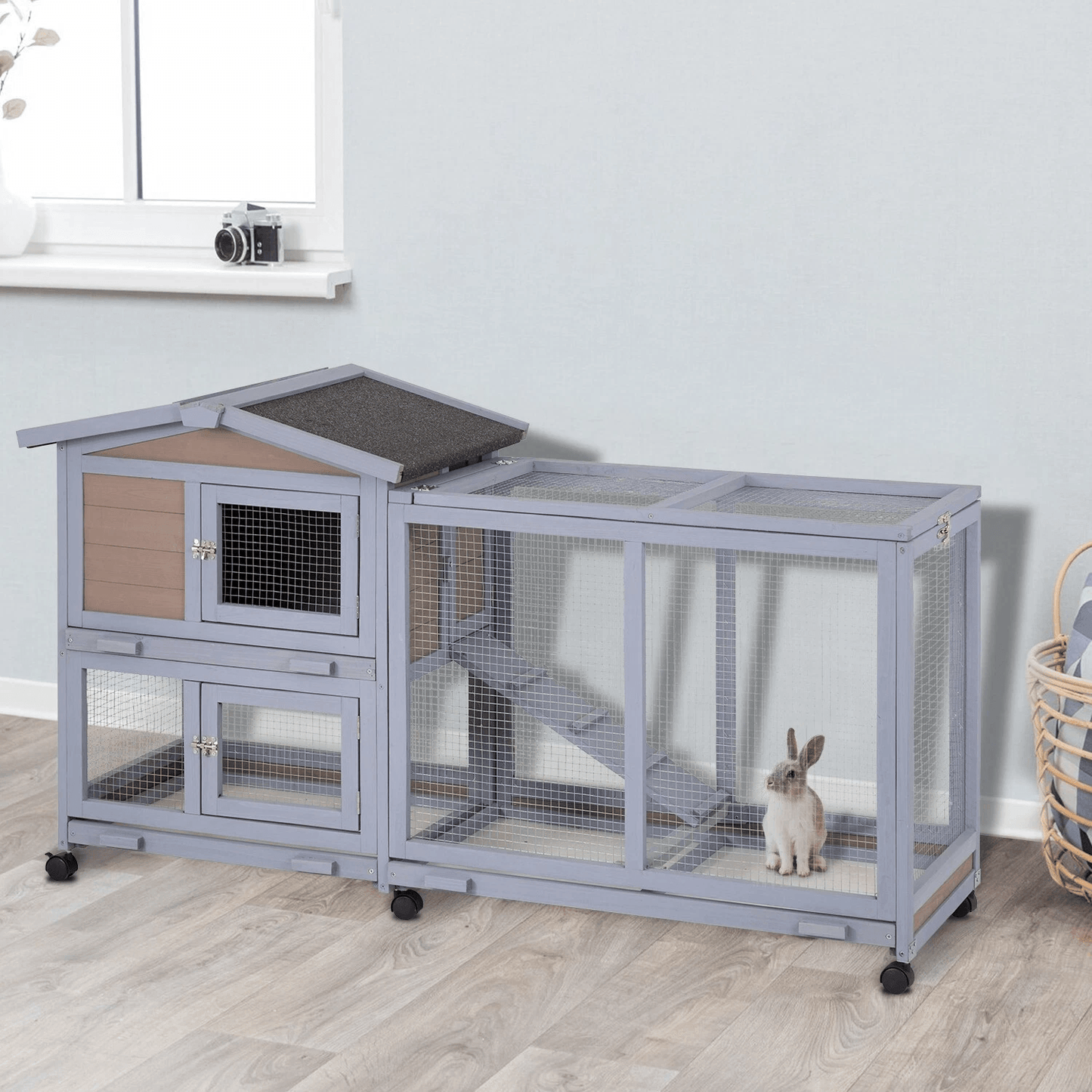 Large Wood Bunny Hutch Rabbit Cage on Wheels, Indoor Outdoor Rolling Pet House for Rabbits