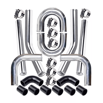 Polished Aluminum Intercooler Pipe Kit with Black Hose & Clamp, Universal Fit for Turbo Intake & Performance Upgrade