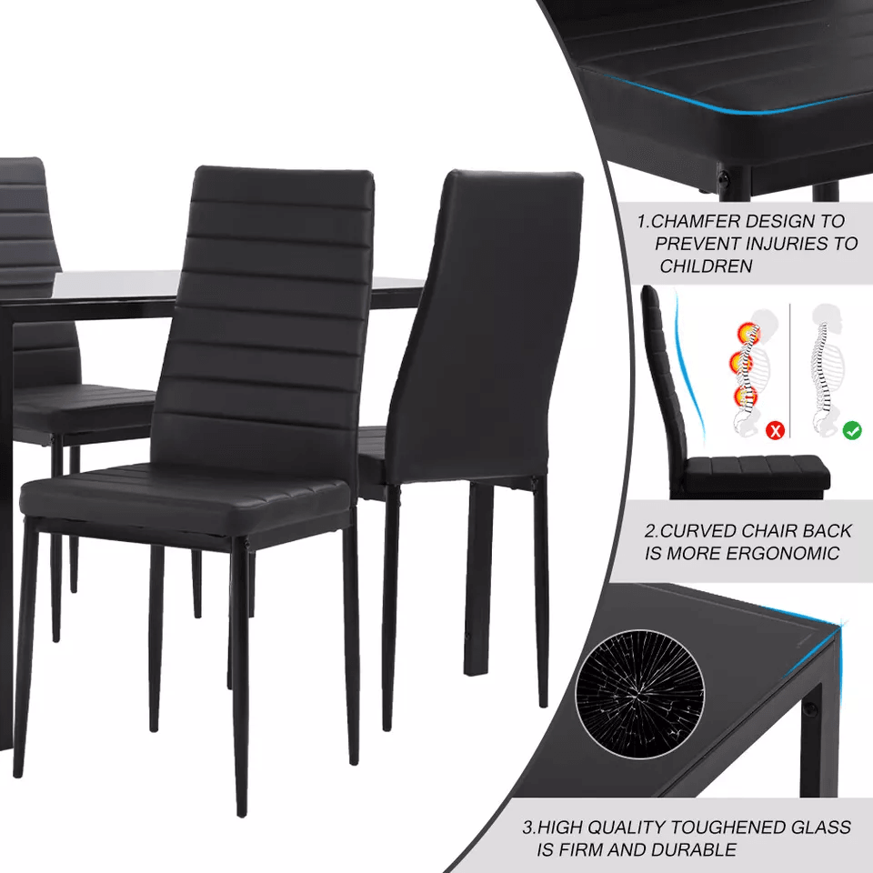 Modern 5 Piece Dining Room Table Set With Faux Leather Chairs Glass Kitchen Table  Metal Frame 2