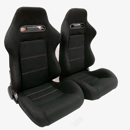 Pair of Sports Cloth Reclinable Racing Seats, Black with Slider Brackets