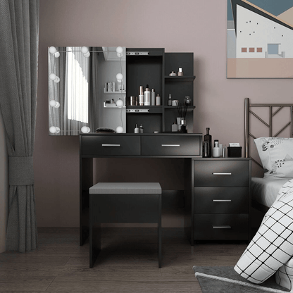 Vanity Dressing Table Set Makeup Desk with LED Lighted Mirror, Drawers, and Stool, Multi-Functional Storage & Adjustable