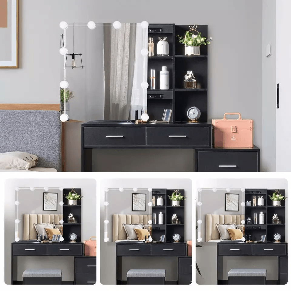 Vanity Dressing Table Set Makeup Desk With LED Lighted Mirror Drawers And Stool MultiFunctional Sto 7