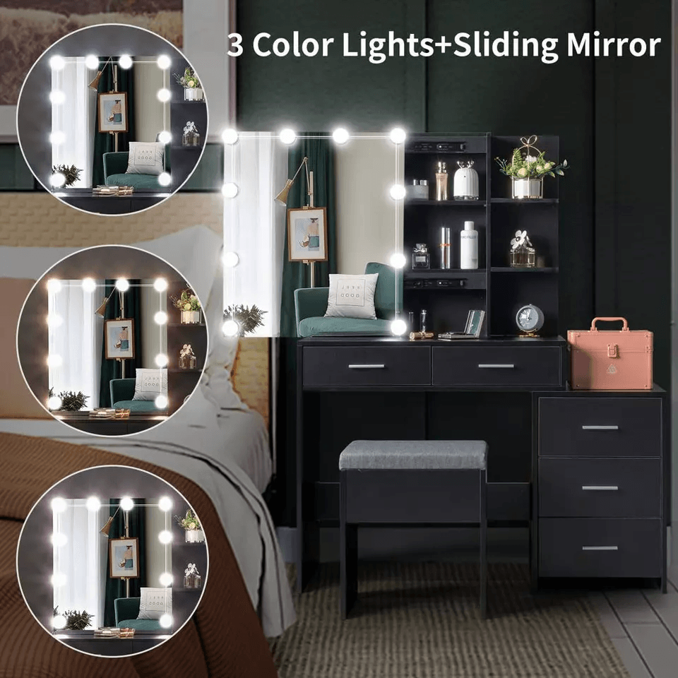 Vanity Dressing Table Set Makeup Desk With LED Lighted Mirror Drawers And Stool MultiFunctional Sto 1