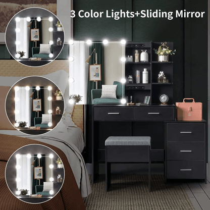 Vanity Dressing Table Set Makeup Desk With LED Lighted Mirror Drawers And Stool MultiFunctional Sto 1