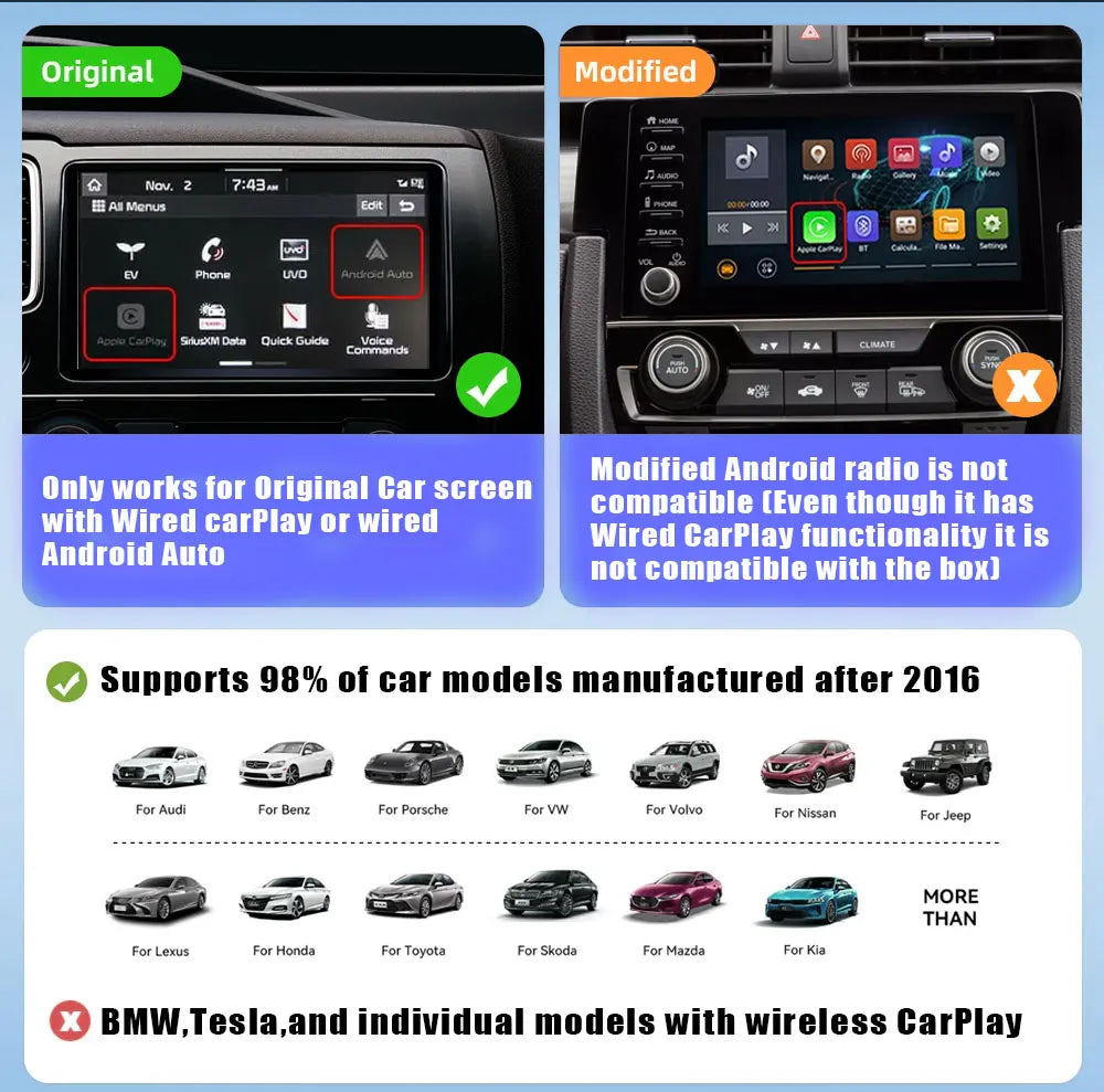 Mini Wireless CarPlay Adapter Wireless Android Auto Adapter for Audi A3/A4/A5/A6/Q5/Q7 & More