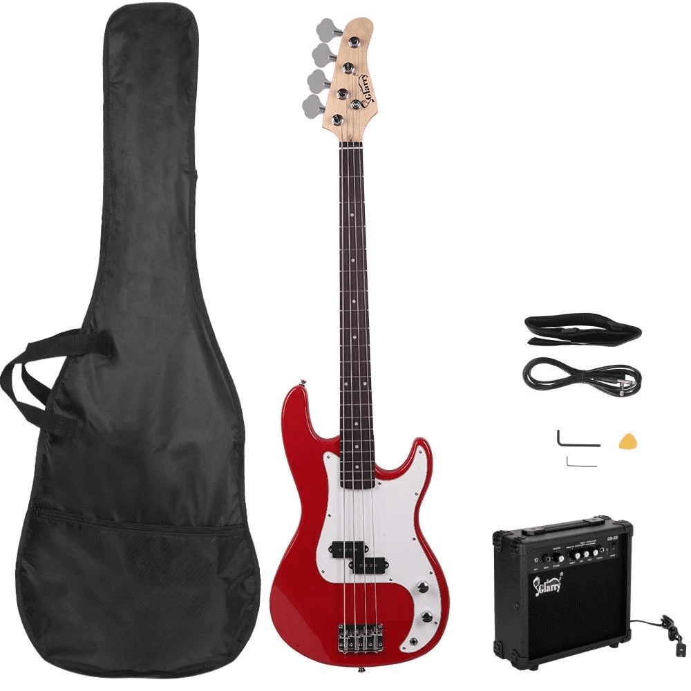 Glarry GP Electric Bass Guitar with Amplifier, Red, Full Starter Kit