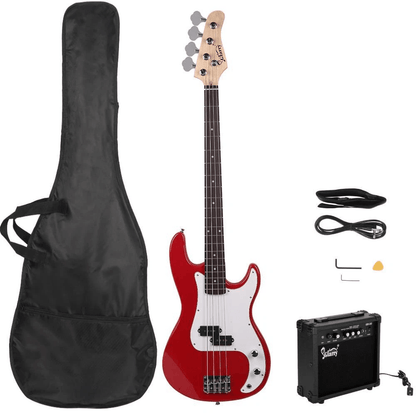 Glarry GP Electric Bass Guitar with Amplifier, Red, Full Starter Kit