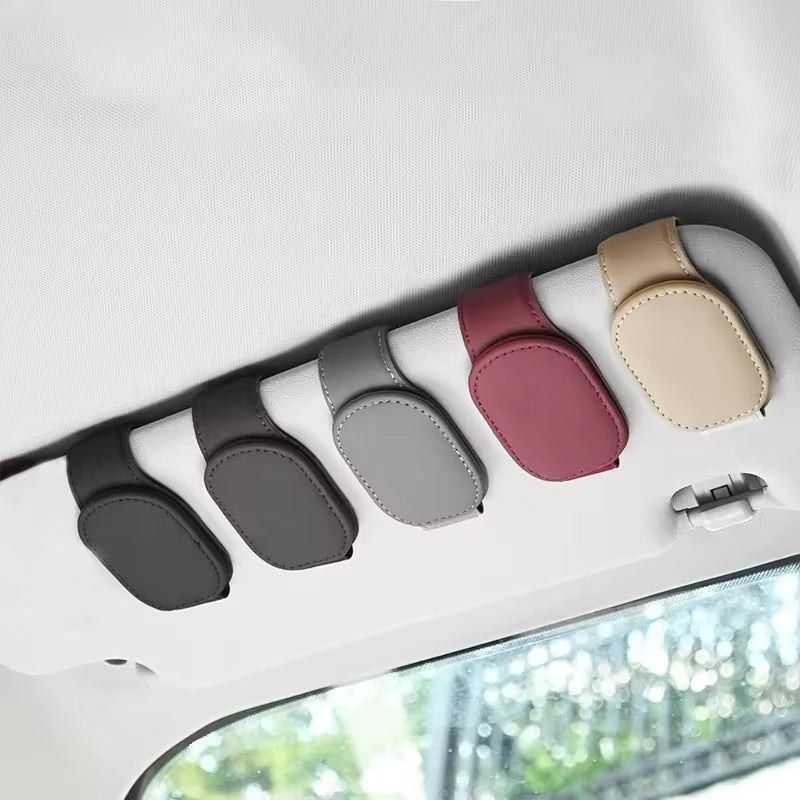 Universal Car Sun Visor Sunglasses Holder PU Leather Magnetic Clip for Glasses, Cards & Pens, Auto Accessories Organizer