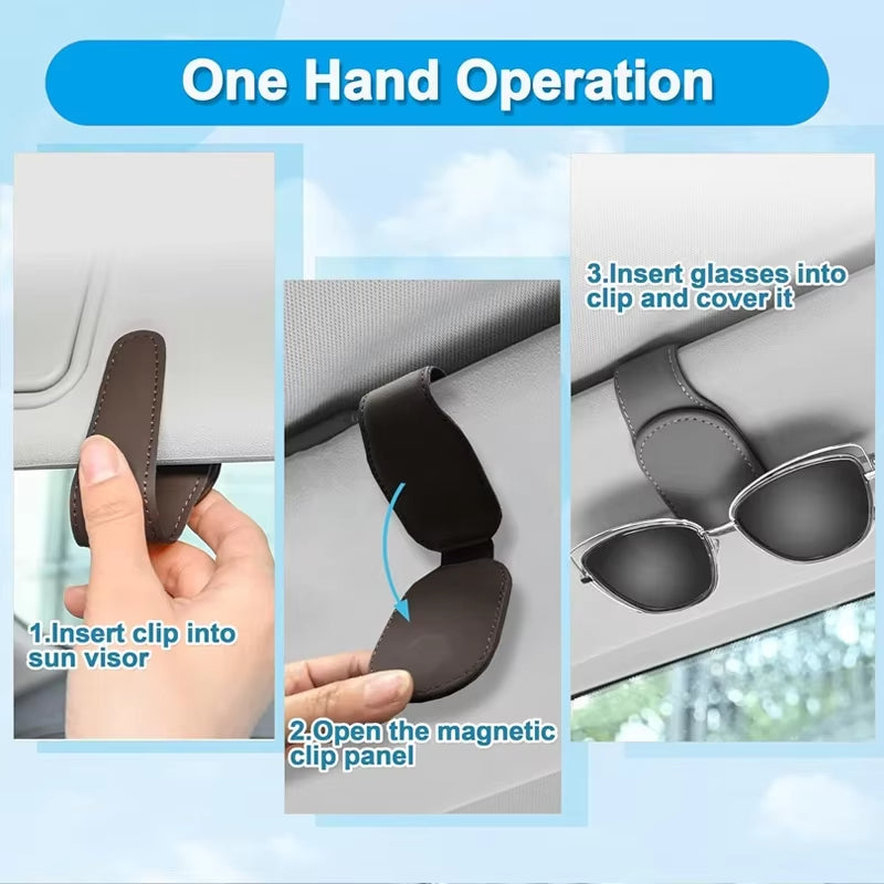 Universal Car Sun Visor Sunglasses Holder PU Leather Magnetic Clip For Glasses Cards  Pens Auto Acc 3
