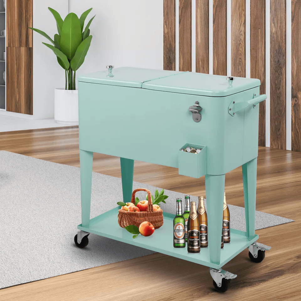 Portable Outdoor Quart Rolling Patio Steel Party Cooler Cart With Ice Chest And Wheels Cold  Warm R 1