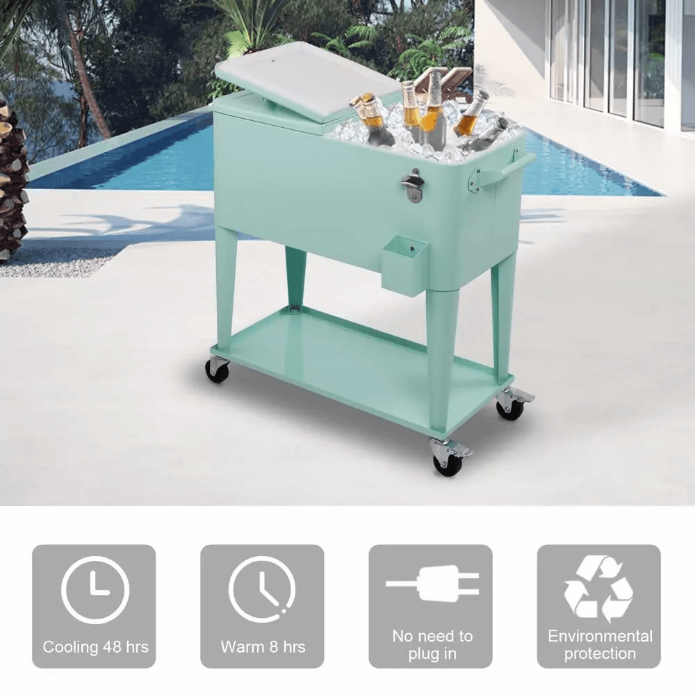 Portable Outdoor Quart Rolling Patio Steel Party Cooler Cart With Ice Chest And Wheels Cold  Warm R 5