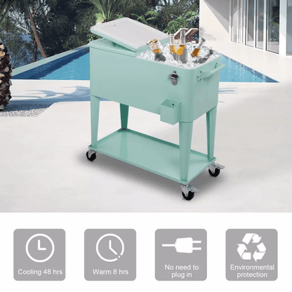Portable Outdoor Quart Rolling Patio Steel Party Cooler Cart With Ice Chest And Wheels Cold  Warm R 5