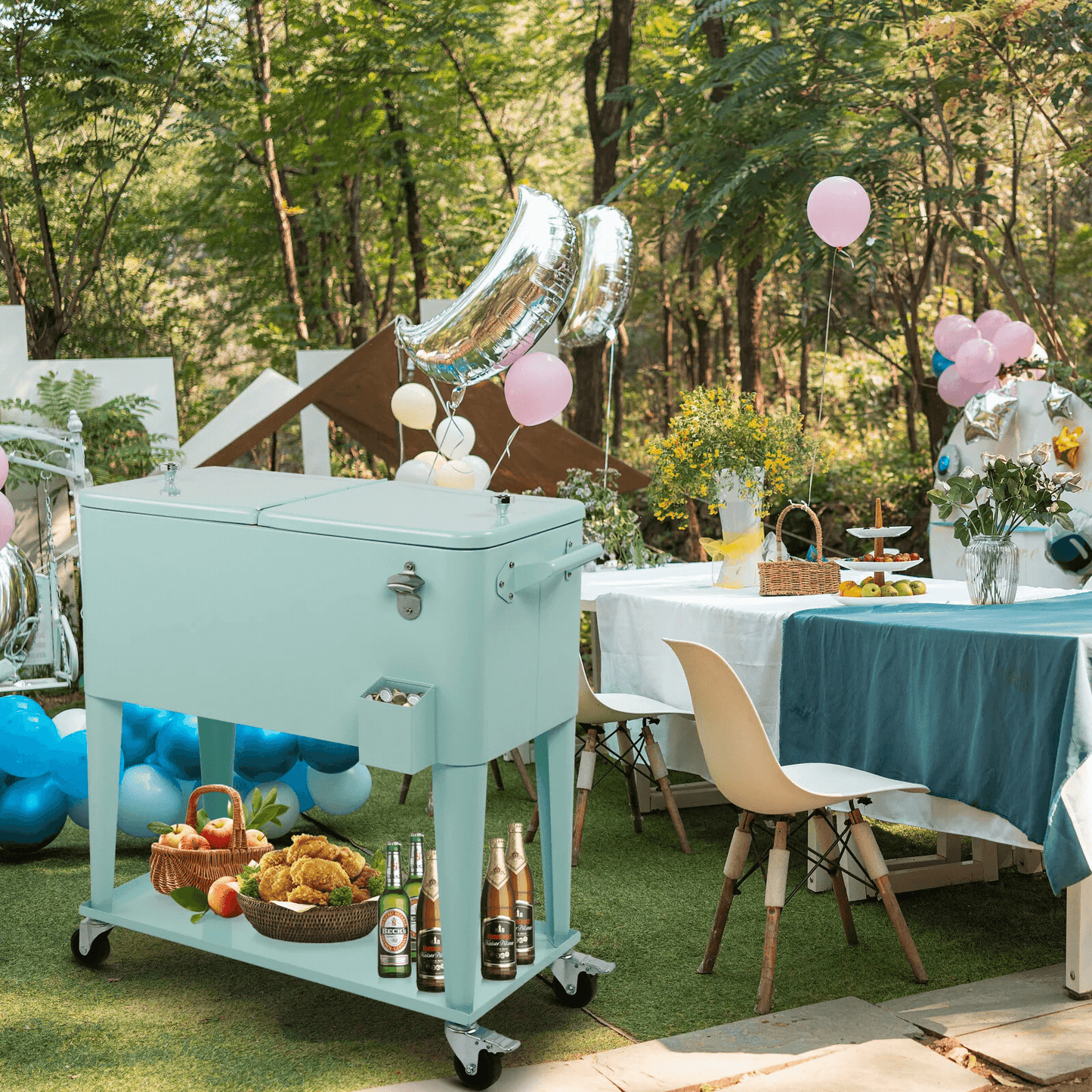 Portable Outdoor Quart Rolling Patio Steel Party Cooler Cart with Ice Chest and Wheels, Cold & Warm Retention