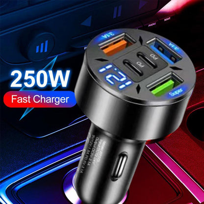 250W 5-Port Car Charger with Digital Display, Fast Charging PD & QC3.0 USB C Port for iPhone, Android, Tablet