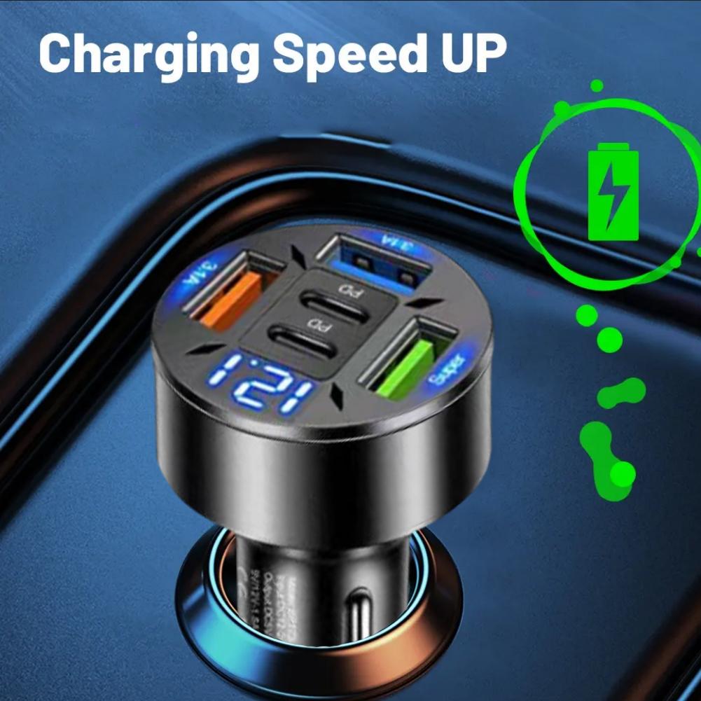 250W 5-Port Car Charger with Digital Display, Fast Charging PD & QC3.0 USB C Port for iPhone, Android, Tablet