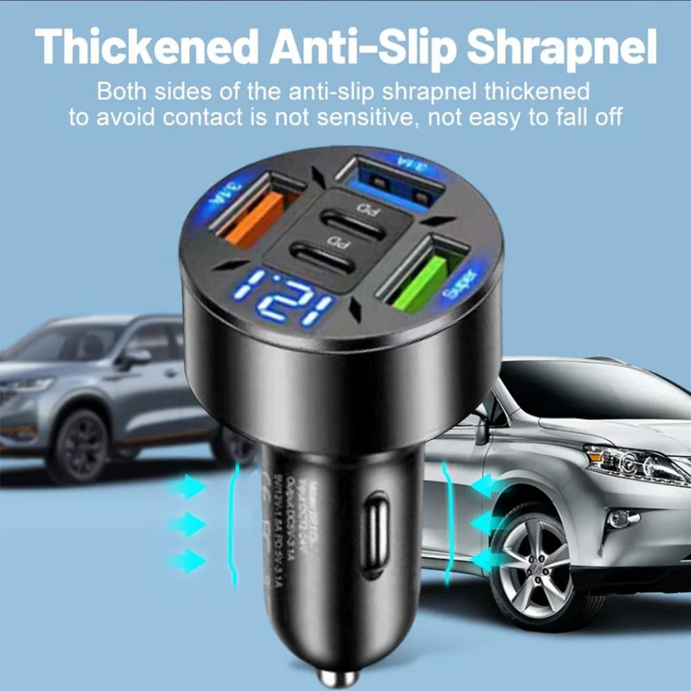 250W 5-Port Car Charger with Digital Display, Fast Charging PD & QC3.0 USB C Port for iPhone, Android, Tablet