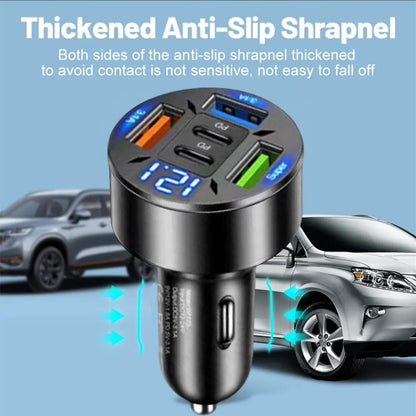 250W 5-Port Car Charger with Digital Display, Fast Charging PD & QC3.0 USB C Port for iPhone, Android, Tablet