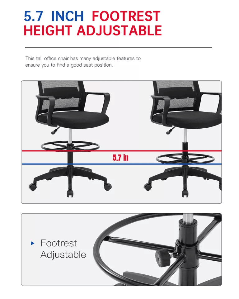 Drafting Chair Tall Office Chair Adjustable Height Ergonomic Mesh Stool With Arms And Foot Ring For 4