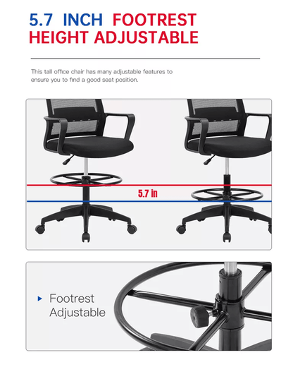 Drafting Chair Tall Office Chair Adjustable Height Ergonomic Mesh Stool With Arms And Foot Ring For 4