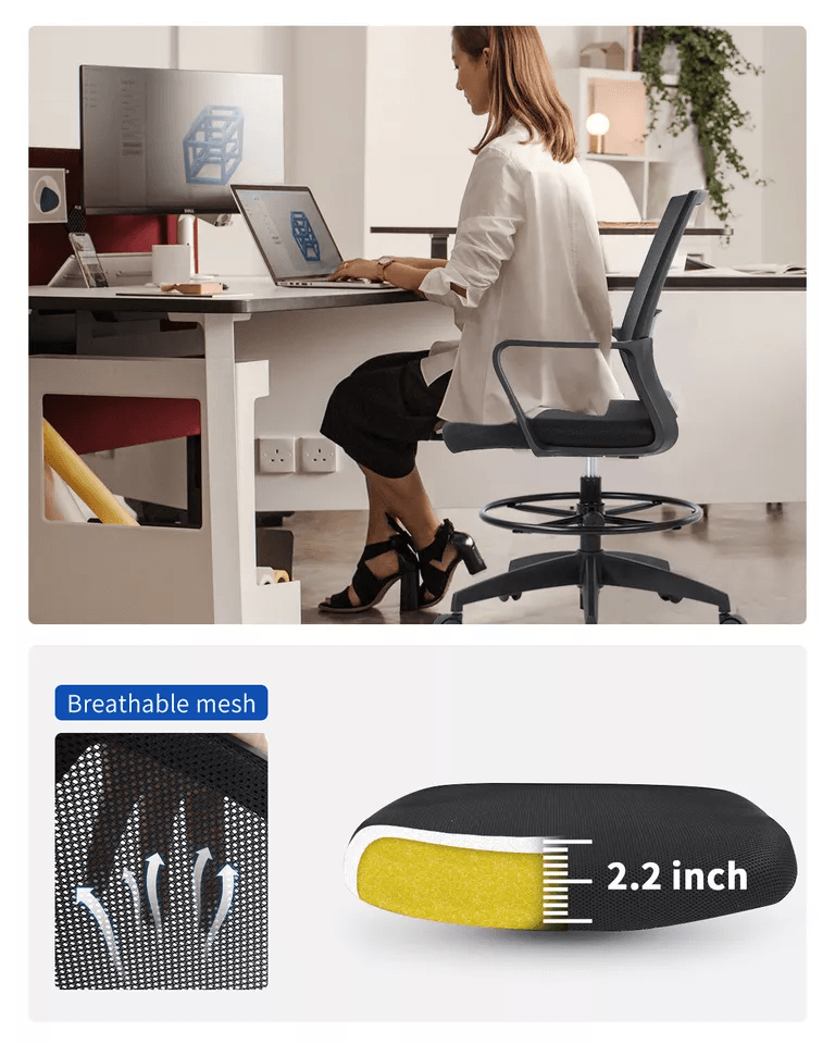 Drafting Chair Tall Office Chair Adjustable Height Ergonomic Mesh Stool With Arms And Foot Ring For 3