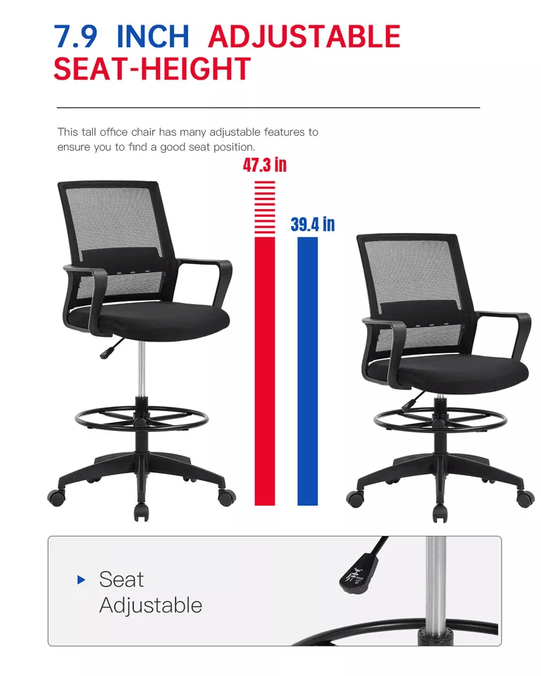 Drafting Chair Tall Office Chair Adjustable Height Ergonomic Mesh Stool With Arms And Foot Ring For 6