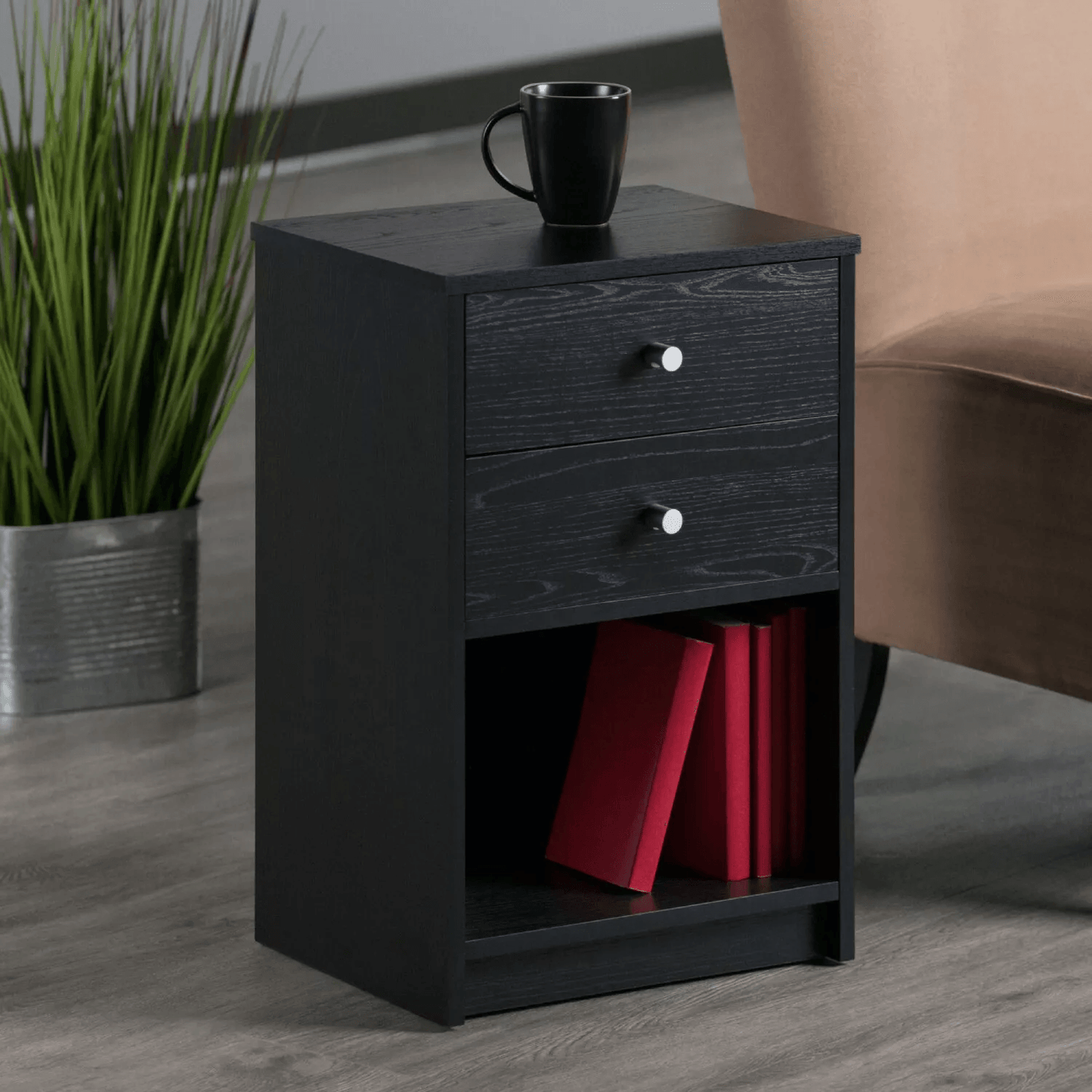 Modern Black 2 Drawer Nightstand, Wood Storage End Table & Bedside Organizer