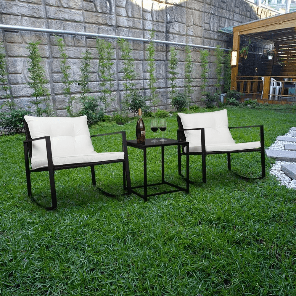 Outdoor Wicker Rocking Chair Set Rattan Patio Furniture Table with Cushions, Weather-Resistant Garden Seating for Deck